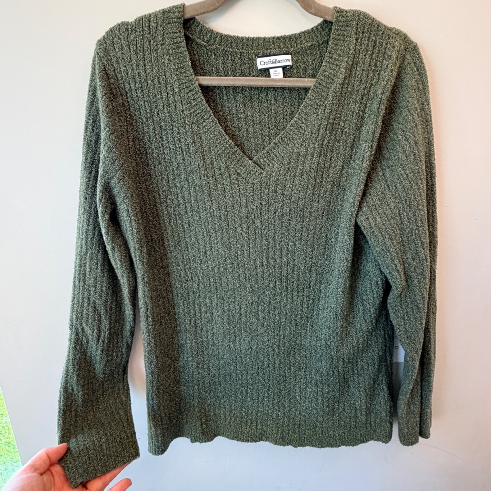 Croft Barrow VNeck Sweater Women XL Green Chenille Ribbed Soft Pullover Y2K